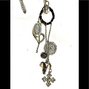 LONG BOHO NECKLACE W/MANY INTERESTING PARTS! On A LONG CHAIN BLK & SIL